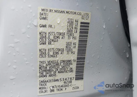 2017 Nissan Titan Platinum Reserve z USA, uszkodzony, nr VIN 1N6AA1E56HN534787